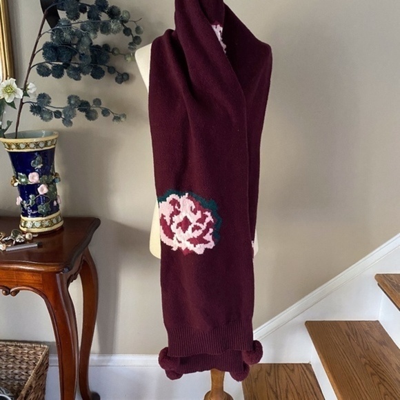 Anthropologie Burgundy Rose Embroidered Pom Scarf - Picture 3 of 8